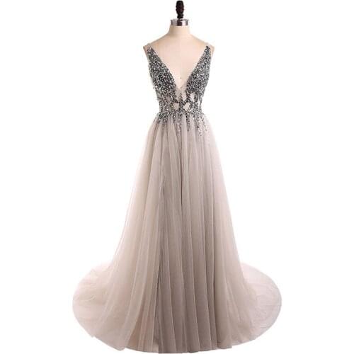 Sexy Deep V-Neck Evening Dresses A-line Sleeveles Evening Party Gowns High Split Sequins Backless Formal Dresses Robe De Soiree