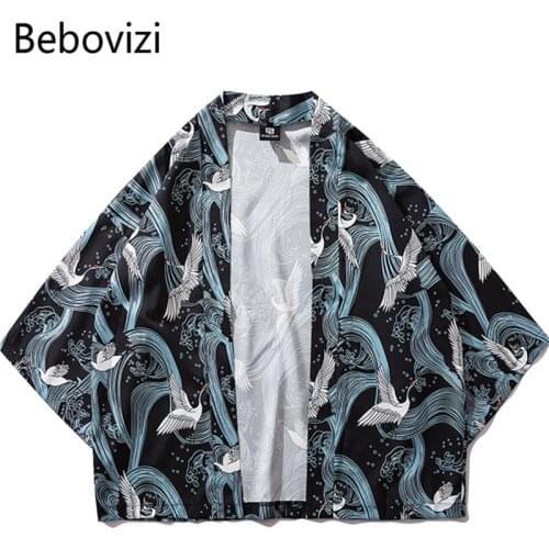 Bebovizi Traditional Clothes Style Kimonos Crane Print Japanese Kimono Cardigan Cosplay Shirt Blouse for Women Men Yukata Robe