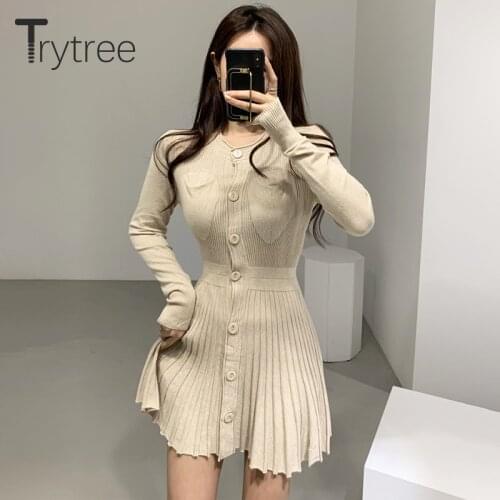 Trytree 2020 Autumn Winter Women Casual Dress O-neck Knitting Single Breasted Pockets A-line Pleated Solid 4 Colour Mini Dress