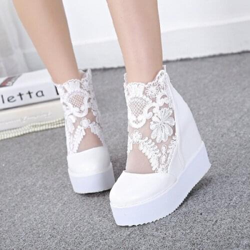 Fashion Women Lace Shoes Wedge Heels Platform Pumps Sandals High Heel Shoes Womens Platform, Lace 3 Colors