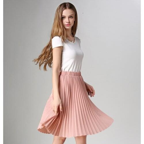 Fashion Casual Summer Temperament Chiffon Pleated Solid Color Midi Skirt Women Korean Style Streetwear Pink Skirts for Female