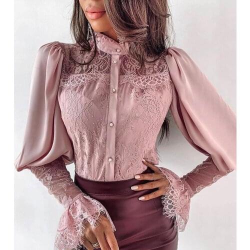 Woman Blouse Solid Color Stand Collar Long Flared Sleeve Lace Button Down Shirt Chiffon Blouses Lady 2021 Spring Fashion Shirt