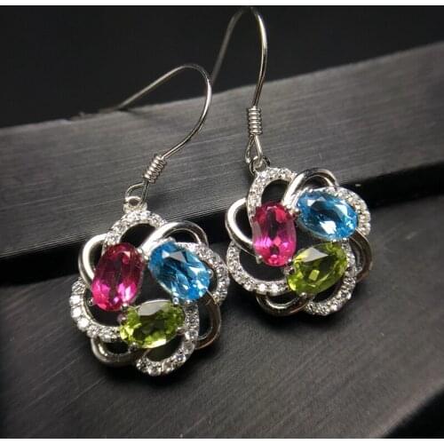 Uloveido Natural Blue Topaz Drop Earrings for Women, 925 Sterling Silver, 4*6mm* 6Pcs Gemstone Ear Stud Fine Jewelry FR125