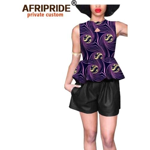 African 2 Piece Set for Women Crop Top and Pu Leather Shorts Print Blouse Ankara Shirts Sleeveless Casual Outfits A1826025