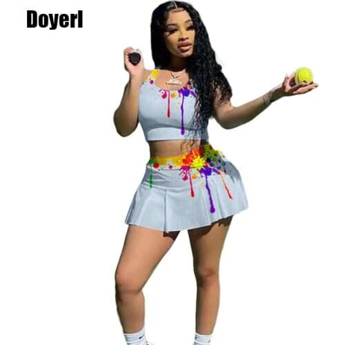 Summer 2021 Women Two Piece Skirt Set for Women High Waist Tie Dye Crop Top Pleated Skirt Suits Sporty 2 Piece Outfits Tracksuit