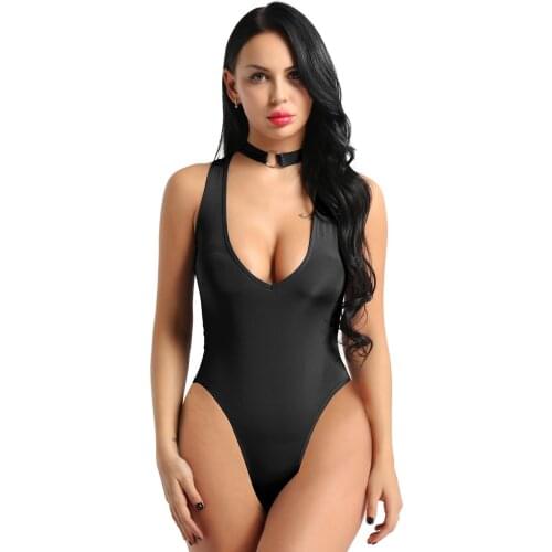 Women One Piece Sheer Bodysuit Lingerie Body Doll Teddies Necklace Neck Sleeveless High Cut Open Croch Leotard Catsuit Jumpsuit