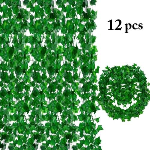12pcs 2M Artificial Ivy green Leaf Garland Plants Vine Fake Foliage Home Decor Plastic Rattan string Wall Decor Artificial Plant