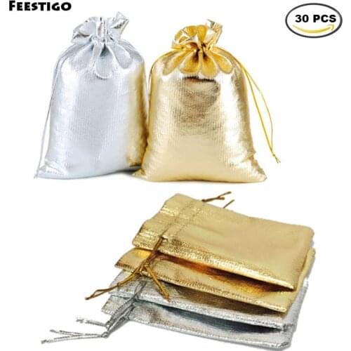 30pcs 12*9CM Gold Gift Bags Organza Pouches Drawstring Gift Bag For Christmas Wedding Favors Candy Bags Xmas Tree Decoration