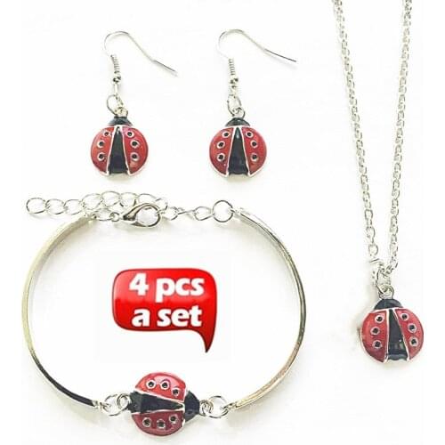 4Pcs/Set Women Girl Fashion Ladybug Set Jewelry Insect Crescent Pendant Ear Stud Earrings Bracelet Necklace Jewelry New Chic