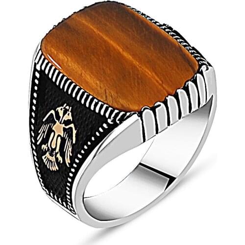 925 sterling Silver the Seljuk Eagle embroidered Tiger 'S Eye Ring