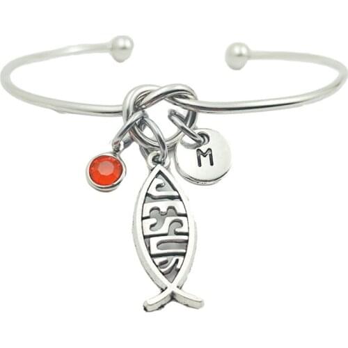Jesus Fish Retro Creative Initial Letter Monogram Birthstone Adjustable Bracelet Fashion Jewelry Women Gift Pendant