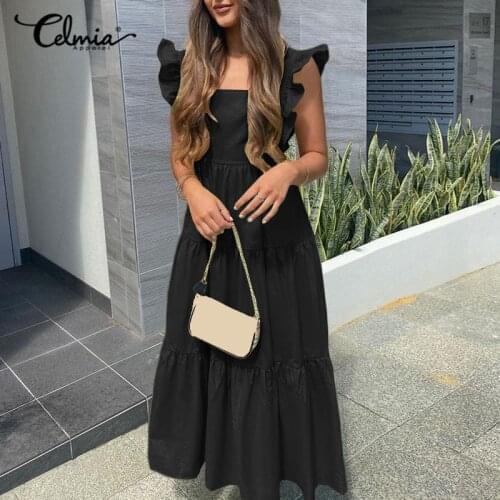 Celmia Women 2021 Summer Ruffled Dress Sexy Square Collar A-line Maxi Sundress Casual Holiday Sleeveless Backless Vestidos S-5XL