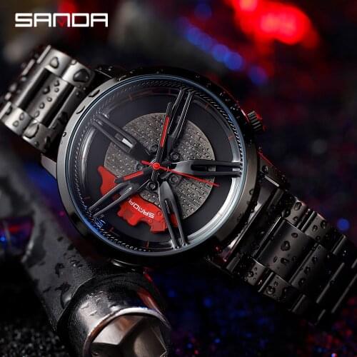 SANDA Fashion Men Watch Car Racing Wheel Dial Series Quartz Wristwatch Stainless Steel Strap Outdoor Match Relogio Masculino