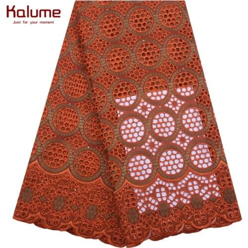 Kalume Orange African Swiss Cotton Lace Fabric With Stones Nigerian Voile Lace Fabric Dress Voile Lace Fabric For Party 1932