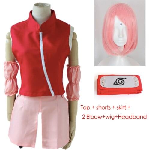 Haruno Sakura Anime Cosplay Costumes Halloween Women Cosplay Clothing Short Pink Wigs and Headband