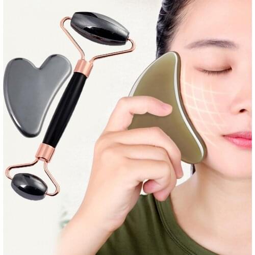 Facial Massage Roller Jade Scraper Resin Guasha Set Shaping V Face Double Head Hematite Face Slimming Beauty Scraper for Skin