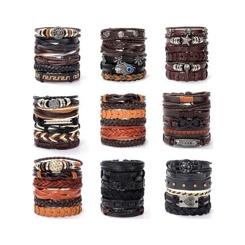 Set Adjustable Leather Bracelets for Men Braided PU Black Brown Bangle Life Tree Leaf Rudder Charm Bracelet Gift Mens Jewelry