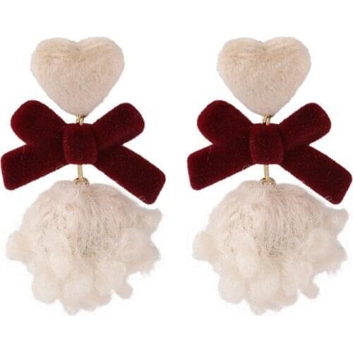 2021 Wholesale Burgundy Velvet Bow Lamb Hair Ball Earrings Autumn and Winter New Plush Earrings for Women