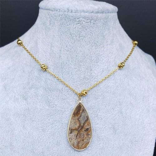 Water Drop Stainless Steel Natural Stone Necklaces Pendants Women Gold Color Statement Necklace Jewelry cadenas mujer NB14S04