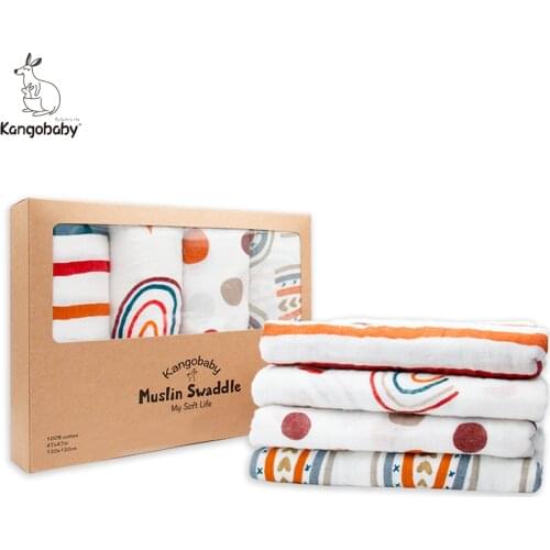 Kangobaby 4 Pcs Pack 100% Organic Cotton Muslin Swaddle with Rainbow Pattern Baby Receiving Blanket Newborn Gift