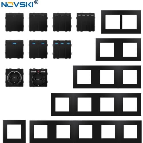 Black PC Panel Rocker Switch 1-2-3 Gang,German Free Combination Hybrid Multi-frame Wall Socket Switch,16A Outlet USB Port,NOVSKI