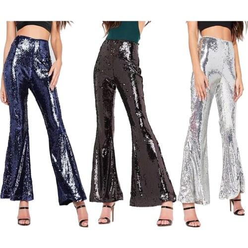 Sexy Shining Sequin Flare Pants for Woman High Waist Flares Culotte Glitter Ladies Party Trousers Gorgeous Long Bell Bottoms XL