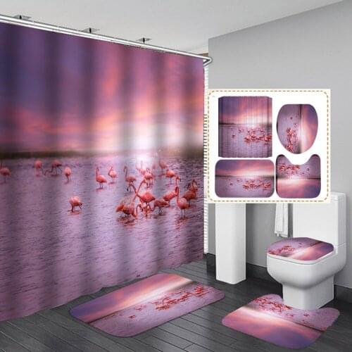 Custom Design Hanging Shower Curtain Flamingo Sunset Scenery Pattern Printed Carpet Mat U Shape Cover Home Use Screen Decoration