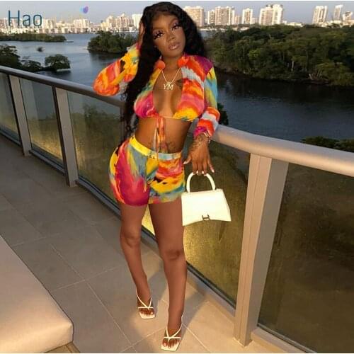 HAOYUAN Sexy Tie Dye Two Piece Set Bandage Flare Sleeve Crop Top Biker Shorts for Women Summer Outfits Clubwear Matching Sets