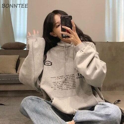 Hooded Sweatshirts Women Pockets Draw String Pullovers Lovely Long-sleeved Female All-match Classic Plus Velvet Spring Letter