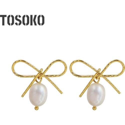 TOSOKO Stainless Steel Jewelry Bow Knot Fresh Water Pearl Earring Female Sweet And Lovely Earrings BSF450