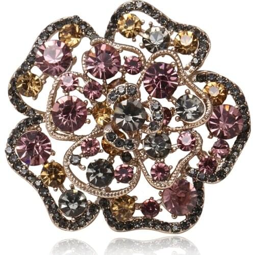 Vintage Flower Brooches For Women Crystal Colorful Rhinestone Hollow Plant Brooch Clothing Badge Jewelry Decoration Gift