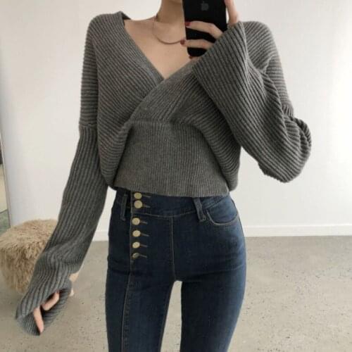 Knitted Female Casual Sweater Sexy Criss-cross V-neck Autumn Winter Knitwear Elegant OL Pullover Stylish Knitted Top Pull Femme