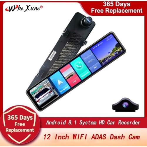WHEXUNE 2020New Full HD 1080P 12 inch touch IPS Car DVR Android 8.1 with GPS Navigation WIFI Bluetooth ADAS Google play dash cam