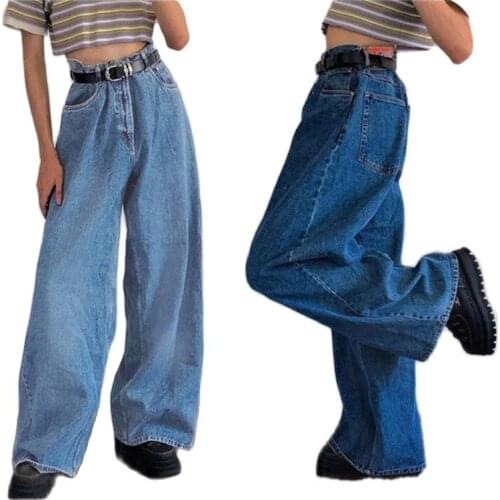 Womens Large Size Wide Legs Fashion Casual Loose Drape Blue High-Waisted Flared Pants Jeans