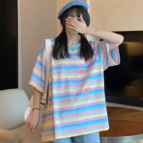 Striped short sleeve kpop harajuku shirts for women woman tshirts women clothing ropa plus size mujer plus fashion