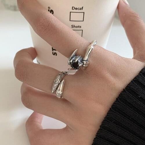925 Sterling Silver Retro Dragon Claw Joint Black zircon Index Finger Opening Rings For Women Couple Fine Jewelry Party Gift 418