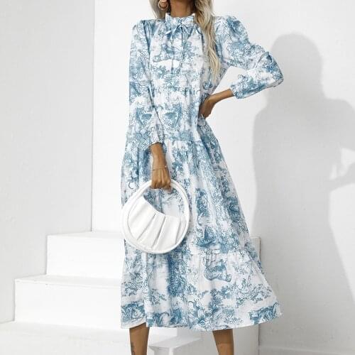 Spring Autumn Dresses Women Casual O Neck Printing Loose Nine Points Sleeve Dress Female Fashion Shirt Dresses Maxi Dress Robe