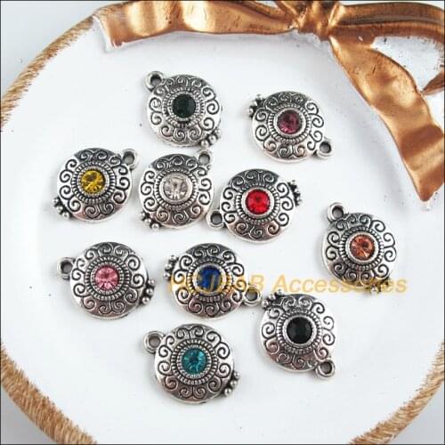 10Pcs Tibetan Silver Tone Retro Round Mixed Crystal Charms Pendants 14x18.5mm