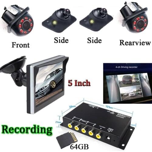 360 Degree 4-ch Driving Recorder Image Video Control Image Switch 4 Split-Screen Control Parking Rear Side Front Camera 5 inch
