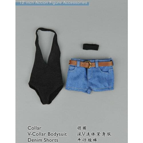 1/6 Scale Low-cut Bodysuit Denim Shorts Model for 12" Female Body Figure