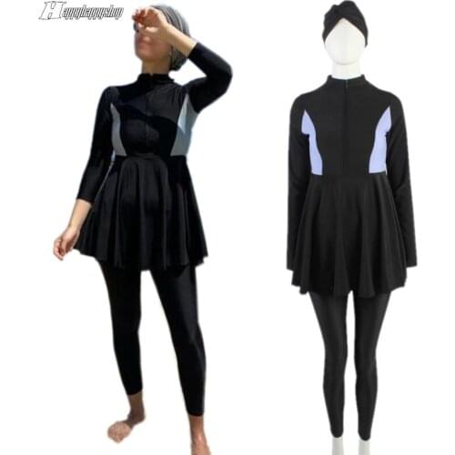 Elegant Women Modesty 3Pcs Outfits Hijab Swimming Cap Burkinis Muslim Islamic Female Swimwear Swimsuit Beachwear Bath Suit