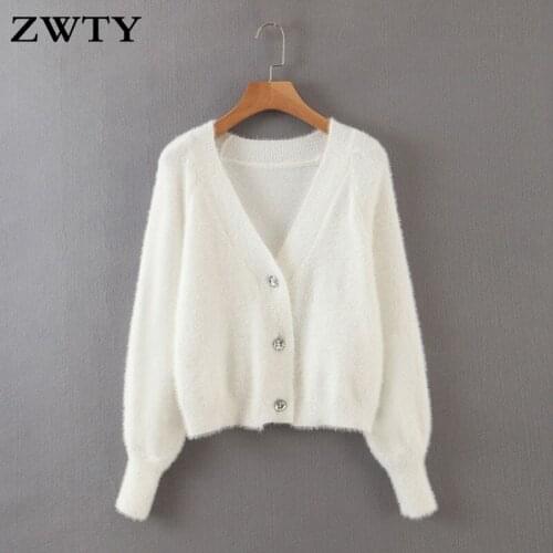 ZWTY Elegant Long Sleeve Mohair Sweater Women 2021 New Single-Breasted Female Short Cardigan Soft Flexible Knitted Outwear