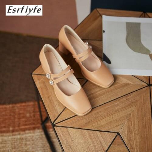 ESRFIYFE 2021 New Women Pumps Square Toe Chunky Heels Shoes Woman Buckle Fashion Ladies Comfortable Office Shoes Big Size 34-48