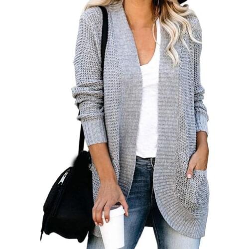 Knitted Long Sleeve Women Cardigan Autumn Winter Open Front Drape Pockets Cardigan Sweater Outerwear