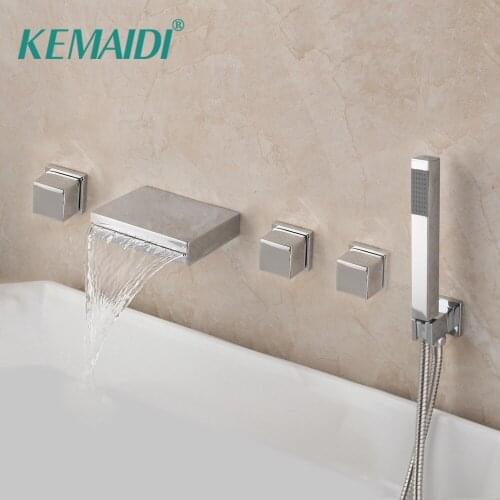KEMAIDI Bathroom Bathtub Waterfall Roman Mixer Taps Filler Faucet Handshower Chrome Bathtub 3 Handles 5pcs Faucet Solid Brass