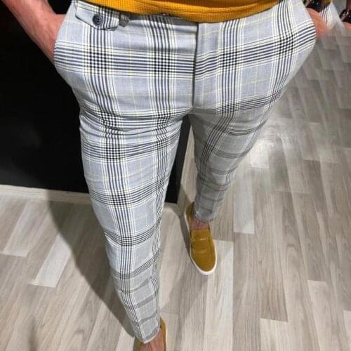 Plaid Men Dress Pants Slim Fit Trousers Business Formal Wedding Suit Pants Stripe Pencil Pants Male Office Pants White Gray