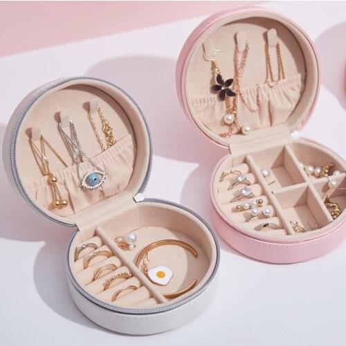PU Leather Round Zipper Diaplay Jewelry Organizer Portable Jewelry Box Earring Holder Small Storage Containers Packaging Bags