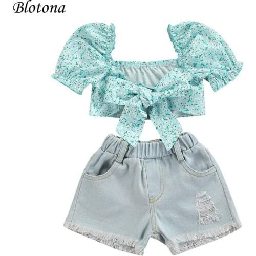Blotona 2Pcs Little Girls Summer Casual Outfit, Floral Print Puff Short Sleeve Knotted Crop Tops + Ripped Denim Shorts 1-7Years
