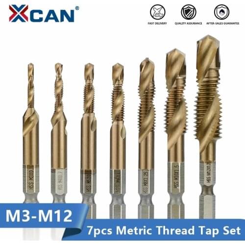 XCAN Hex Shank Thread Tap 7pcs M3 M4 M5 M6 M8 M10 M12 Metric HSS Screw Hole Drill Machine Plug Tap TiCN Coated Screw Thread Tap