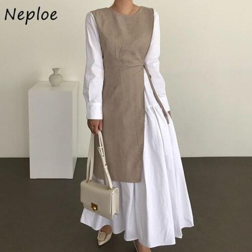 Neploe Fashion Fake 2 Pcs Temperament Dress Women High Waist Hip Pleat Patch Hit Color Vestidos O Neck Long Sleeve Slim Robe